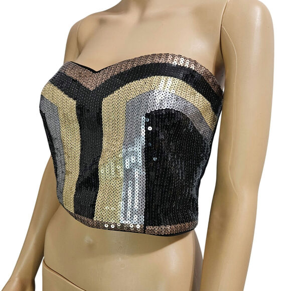 Y2k Sequin bebe Black Gold Silver Tube Top Straps Included Size Large NEW Tags - Picture 1 of 5